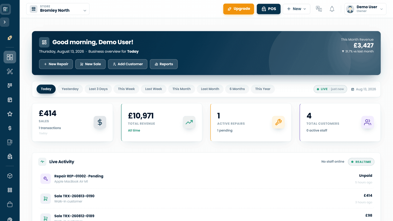 The management system dashboard, showing sales, revenue, active repairs and live activity