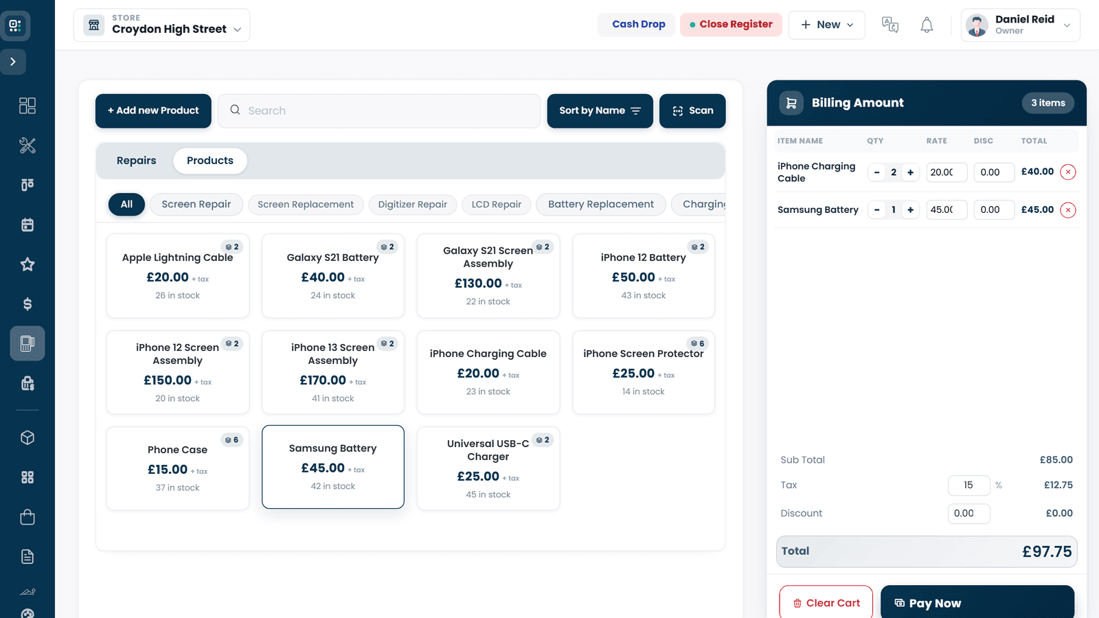 The point of sale screen with a live basket, product grid and running total