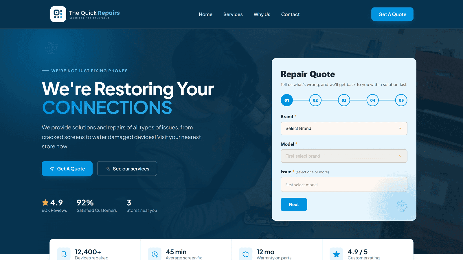 The customer-facing repair website, showing the step-by-step repair quote form